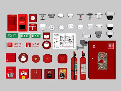 Essential Fire Safety Equipment Set With Exit Signs Fire Extinguishers Smoke Detectors And Alarm Devices 3d model