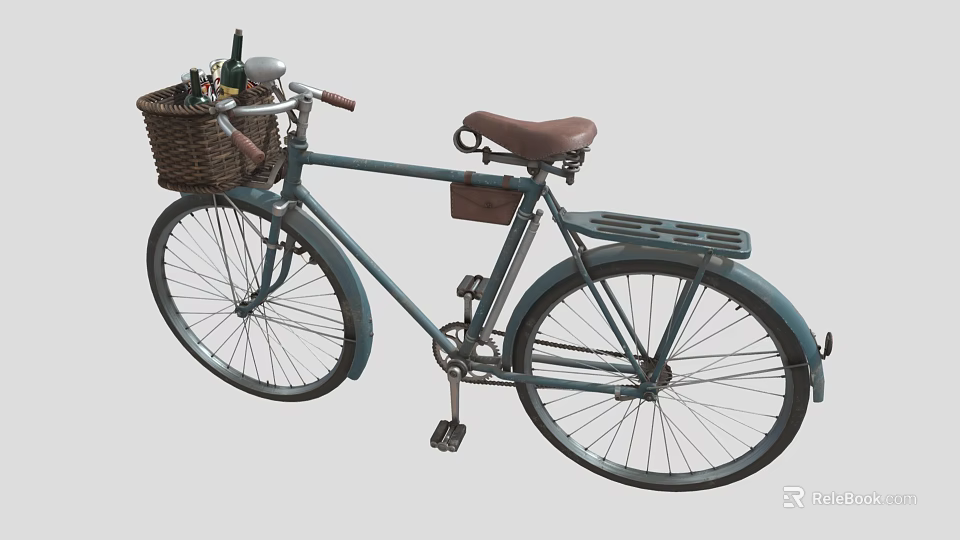 Vintage Blue Bicycle With Front Wicker Basket And Brown Leather Seat 3d model 