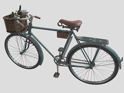 Vintage Blue Bicycle With Front Wicker Basket And Brown Leather Seat 3d model