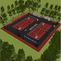 Red Basketball Court in Sport Park with Fenced Area and Surrounding Trees