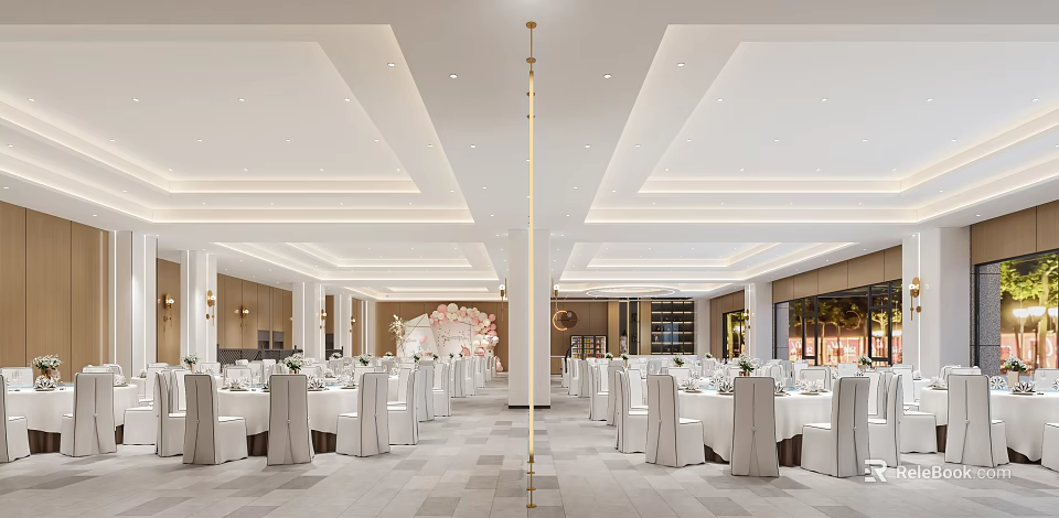 Elegant Banquet Hall With Arranged White Tables Chairs Ceiling Lighting And Decorative Backdrop 3d model 