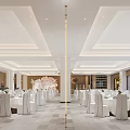 Elegant Banquet Hall With Arranged White Tables Chairs Ceiling Lighting And Decorative Backdrop