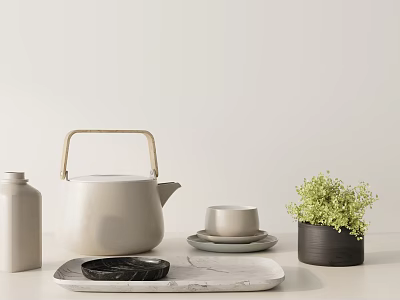 Minimalist Tea Set with Teapot Cup Saucer Tray Vase and Potted Plant in Neutral Tones 3d model