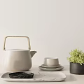 Minimalist Tea Set with Teapot Cup Saucer Tray Vase and Potted Plant in Neutral Tones