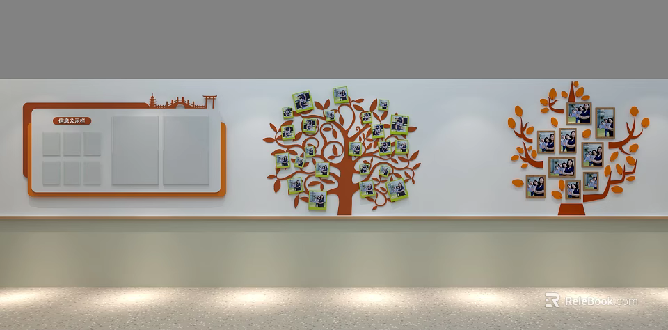 Decorated Office Corridor With Tree Shaped Photo Wall And City Silhouette 3d model 
