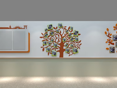 Decorated Office Corridor With Tree Shaped Photo Wall And City Silhouette 3d model