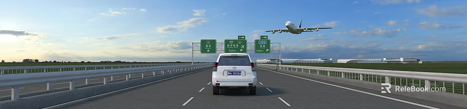 Highway Traffic Facilities With Directional Signs Indicating Airport And City 500m Ahead 3d model 