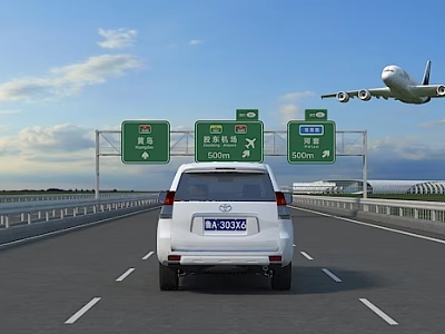 Highway Traffic Facilities With Directional Signs Indicating Airport And City 500m Ahead 3d model