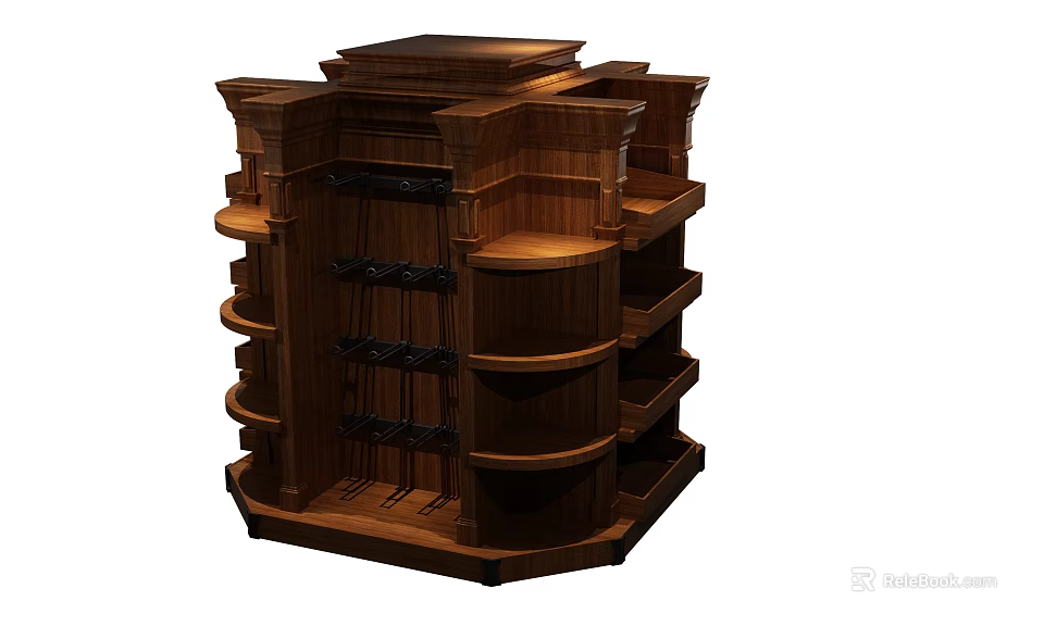 Wooden Kitchen Island With Multi Tiered Shelves And Storage Hooks Design 3d model 