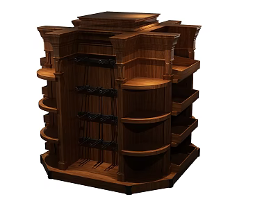 Wooden Kitchen Island With Multi Tiered Shelves And Storage Hooks Design 3d model