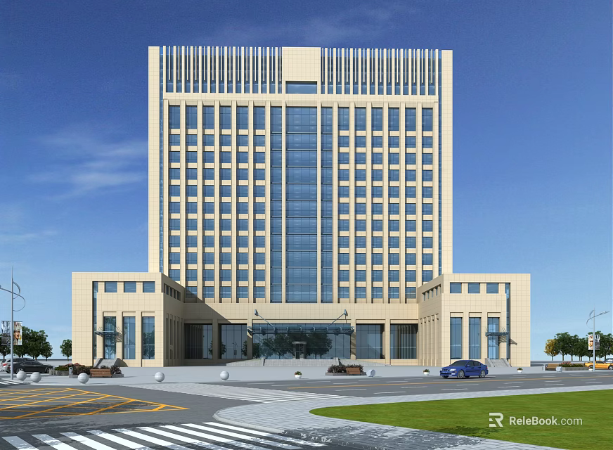 Modern High Rise Commercial Office Building Exterior With Glass Facade And Surrounding Greenery 3d model 
