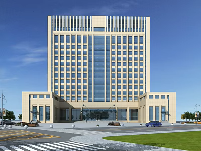 Modern High Rise Commercial Office Building Exterior With Glass Facade And Surrounding Greenery 3d model