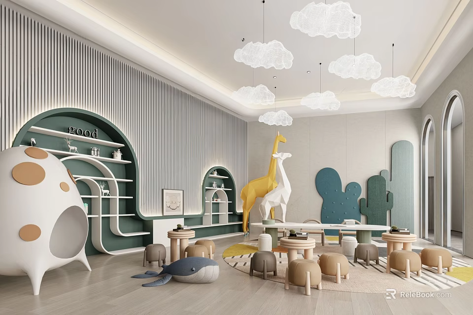 Modern Kids Playroom With Cloud Chandeliers Animal Plush And Rounded Furniture 3d model 