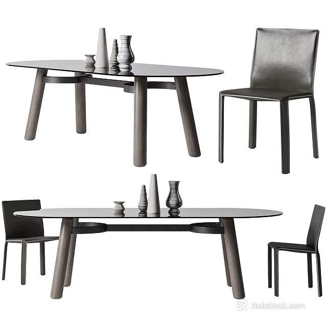 Modern Dining Table Set With Oval Table Black Chairs And Vase Decorations 3d model 