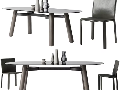Modern Dining Table Set With Oval Table Black Chairs And Vase Decorations 3d model
