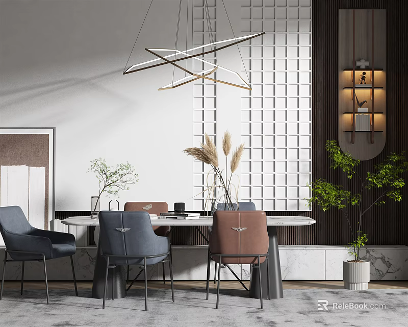 Modern Dining Table Set With Grey Brown Chairs Pendant Light And Geometric Wall 3d model