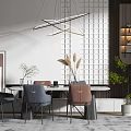 Modern Dining Table Set With Grey Brown Chairs Pendant Light And Geometric Wall 3d model