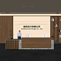 Modern Architectural Design Company Reception Desk with Wooden Marble Counter Green Plant and Bookshelf