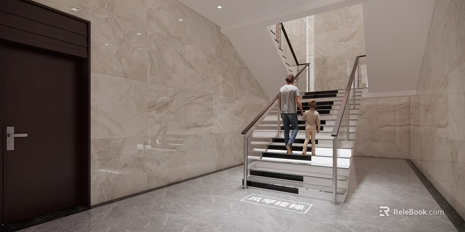 Modern Staircase Interior With Black White Steps Marble Walls And Handrail 3d model 