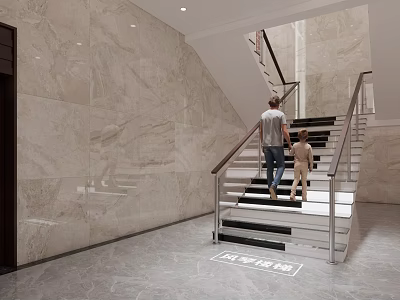 Modern Staircase Interior With Black White Steps Marble Walls And Handrail 3d model