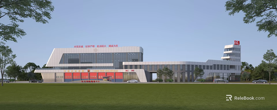 Modern Fire Station Exterior With Red Doors Glass Facade Green Lawn Trees And Vehicles 3d model 
