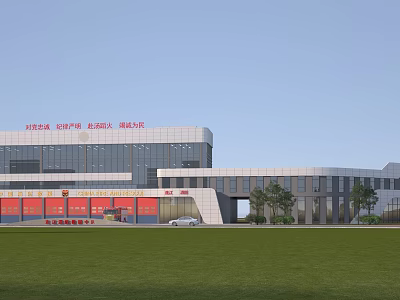 Modern Fire Station Exterior With Red Doors Glass Facade Green Lawn Trees And Vehicles 3d model