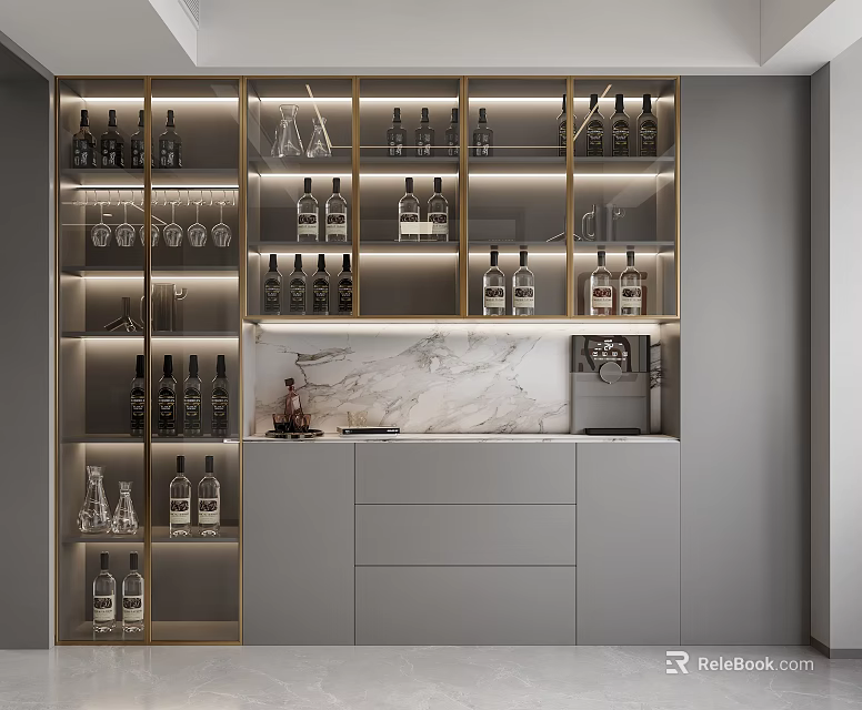 Modern Luxury Wine Cabinet With Glass Doors Marble Backsplash And LED Lighting For Home Bar 3d model 