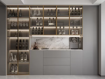 Modern Luxury Wine Cabinet With Glass Doors Marble Backsplash And LED Lighting For Home Bar 3d model
