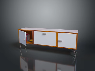 Modern TV Stand With White And Wooden Panels Open Door And Metal Legs 3d model