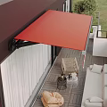 Modern Villa Balcony With Red Awning White Sofa Coffee Table And Green Plants