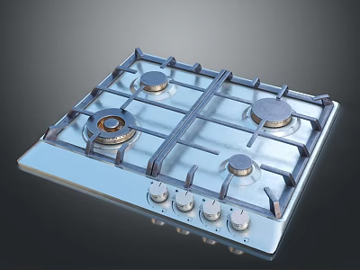 Four Burner Gas Stove With Metal Surface And Control Knobs Household Appliance 3d model