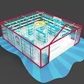 Bright Retail Store Interior Design With Red Frame Blue Shelves And Display Stand