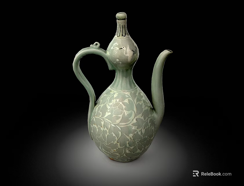 Green Ceramic Vessel Gourd Shaped Design With Intricate Carved Patterns Handle Spout And Lid 3d model 