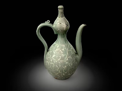 Green Ceramic Vessel Gourd Shaped Design With Intricate Carved Patterns Handle Spout And Lid 3d model