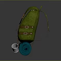 Green Backpack With Blue Rolled Mat Silver Cup And Hiking Travel Accessories