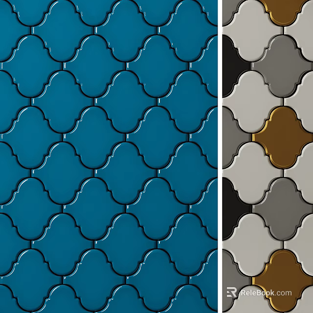 Decorative Floor Tiles with Scalloped Pattern in Blue Gray White and Brown 3d model 