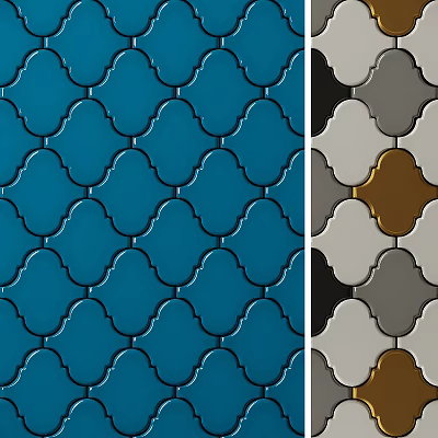 Decorative Floor Tiles with Scalloped Pattern in Blue Gray White and Brown 3d model