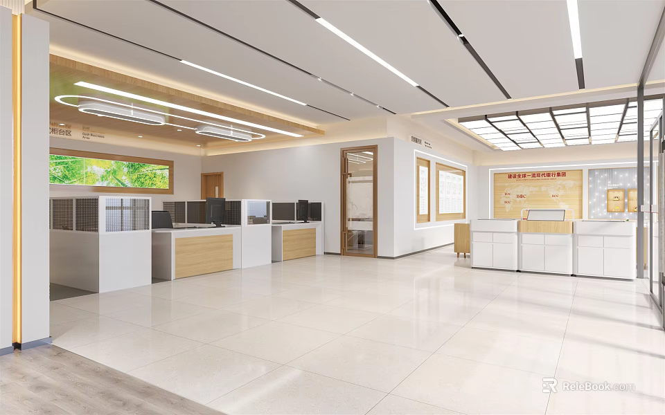Modern Service Hall Interior With Bright Lighting Service Counters Computers And Windows 3d model 