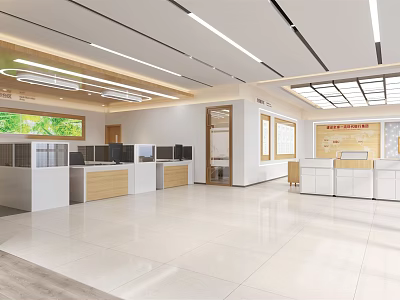 Modern Service Hall Interior With Bright Lighting Service Counters Computers And Windows 3d model