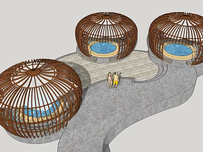 Round Bamboo Structures With Blue Pools Along Stone Path And People Walking 3d model