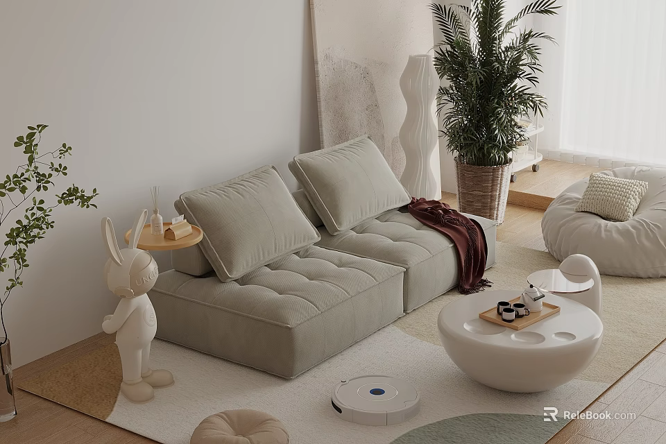 Cushioned Two Seater Beige Sofa With Throw Blanket Rabbit Figurine Coffee Table And Potted Plant 3d model 