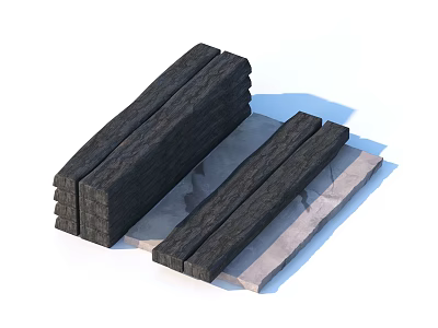 Black Textured Wooden Planks Stacked On Light Colored Surface With Shadows 3d model
