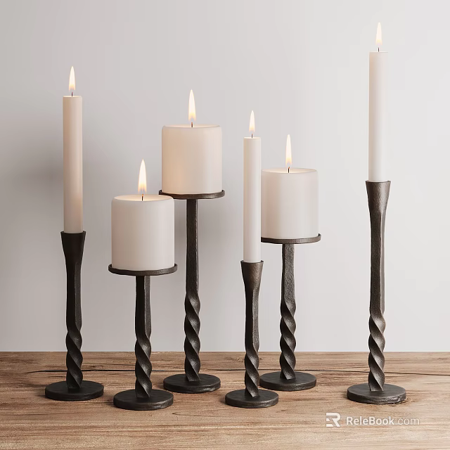 White Candles On Black Spiral Candle Holders For Home Decor Wooden Tabletop Light Colored Wall 3d model 