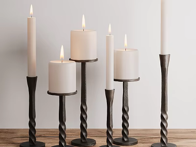 White Candles On Black Spiral Candle Holders For Home Decor Wooden Tabletop Light Colored Wall 3d model