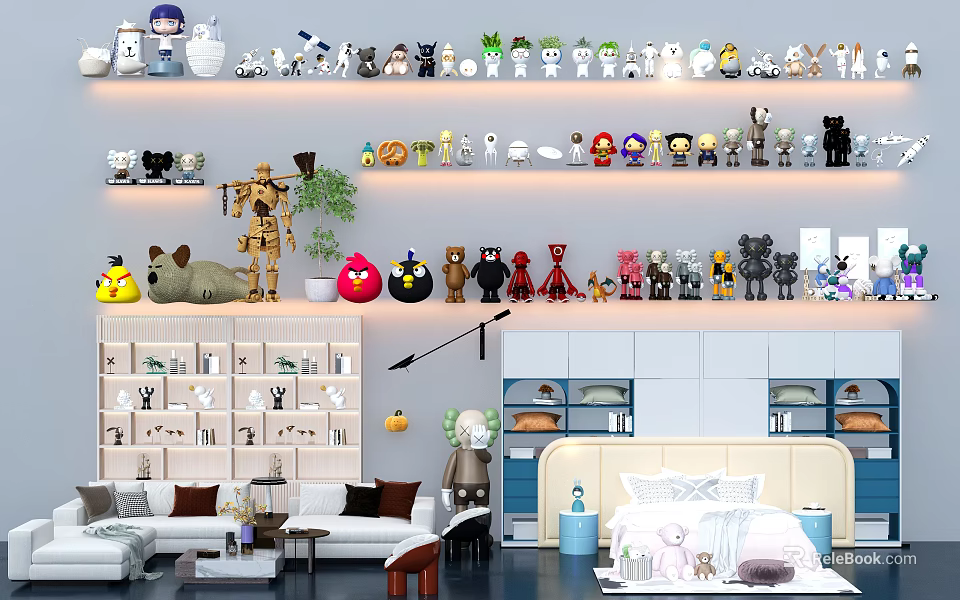 Various Stuffed Dolls Arranged On Shelves In Room Interior With Different Characters And Decor 3d model 