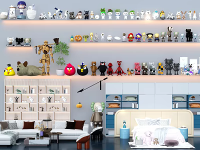 Various Stuffed Dolls Arranged On Shelves In Room Interior With Different Characters And Decor 3d model