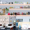 Various Stuffed Dolls Arranged On Shelves In Room Interior With Different Characters And Decor
