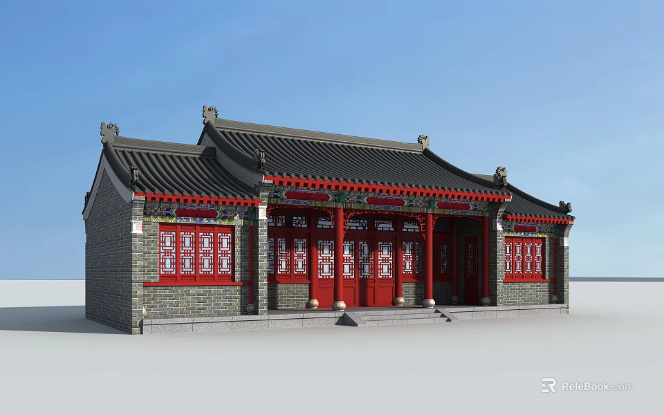 Ancient Chinese Architecture with Traditional Black Roof Red Doors and Gray Brick Walls 3d model 