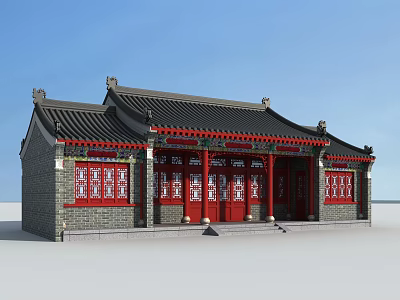Ancient Chinese Architecture with Traditional Black Roof Red Doors and Gray Brick Walls 3d model