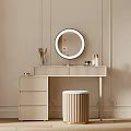 Modern Dressing Table With Round Mirror Striped Countertop And Makeup Brushes 3d model